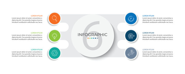 Modern infographic template. Creative circle element design with marketing icons. Business concept with 6 options, steps, sections.