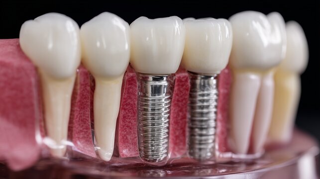 Close-up of dental implant placement in prosthetic dentistry showing implant fixture, abutment and crown within gingival model representing tooth replacement and oral restoration.