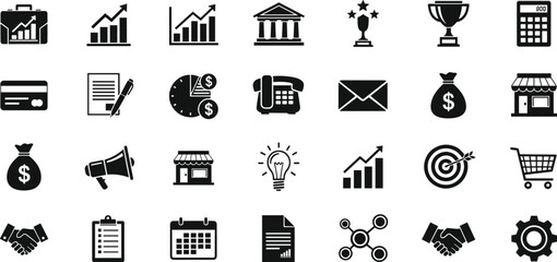 Business and finance icon set with banking, charts, target, handshake, shopping cart and marketing symbols isolated vector illustration collection © Nayan Stock
