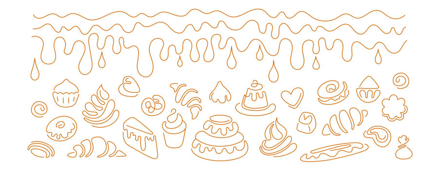 Sweet bakery cake simple one line illustration with chocolate cream layers. Hand drawn dessert icon perfect for confectionery menu, cafe logo or food product packaging. Editable vector stroke