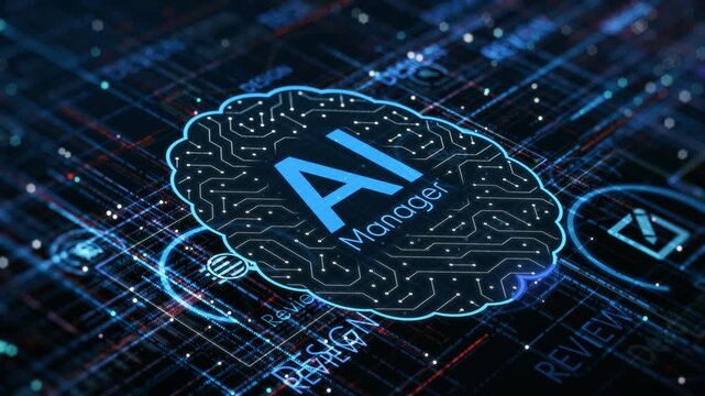 AI assistant for Agile project management, AI automation workflow, project life cycle, conceptual animation (3d render)