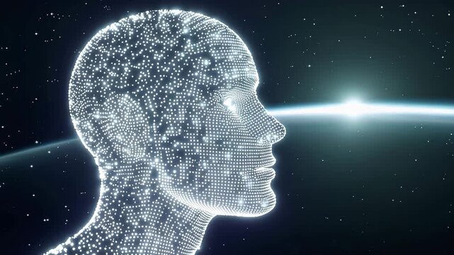 軌道上の星空に浮かぶ匿名アバター、惑星光に縁取られた横顔CG
