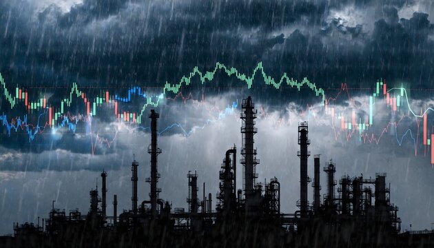 Caption (167 harf):
Silhouette of an industrial oil refinery complex against a dark background with glowing financial stock market charts. Oil and gas industry economic volatility concept.