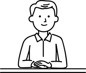 Obraz premium Hand Drawn Man Sitting at Desk Black and White Avatar Illustration in Minimal Line Art Style Design