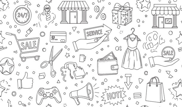 Seamless retail shopping pattern with ecommerce sales icons marketing elements business symbols and consumer service hand drawn vector illustration