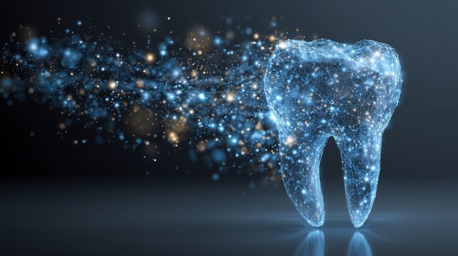 Digital tooth model with particle effects representing dental implant placement and prosthetic dentistry concept, showing implant planning and restorative integration.