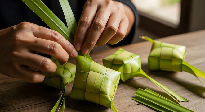 Detailed view of hands carefully weaving ketupat casing from palm leaves in a traditional method.
