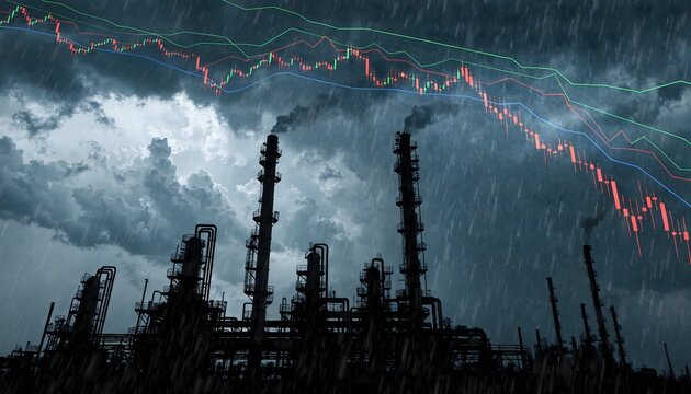 Caption (167 harf):
Silhouette of an industrial oil refinery complex against a dark background with glowing financial stock market charts. Oil and gas industry economic volatility concept.