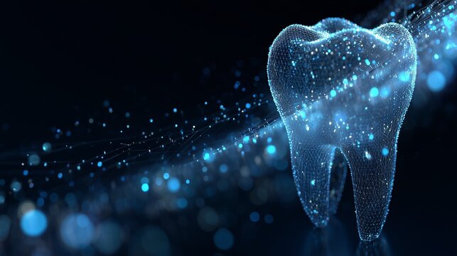 Digital translucent tooth over glowing particle trail symbolizing smile makeover and implantology, aesthetic restoration and dental implant technology.