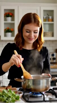 Joyful Culinary Experience: A Woman Masterfully Cooking in Her Home Kitchen, Smiling as She Stirred a Pot of Delicious Food Amidst Fresh Ingredients and Aromas