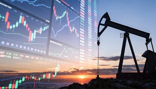 Silhouette of an oil pumpjack against a background of glowing financial stock market charts and a vibrant sunset. Oil and gas industry economy and energy market concept.