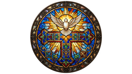 Circular stained glass mosaic depicting a holy cross with a white dove in flight isolated on transparent background. Ideal graphic for Palm Sunday worship and holy week celebration holiday themes.