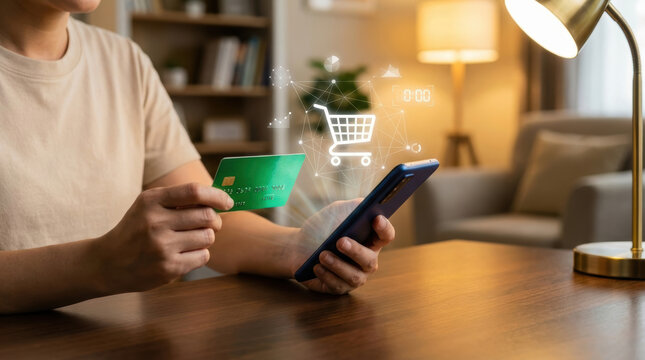Person holding smartphone and green credit card making online purchase with virtual shopping cart icon hovering above phone looking focused and relaxed at home in warm cozy living room setting