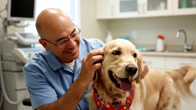 Man with happy dog at vet.