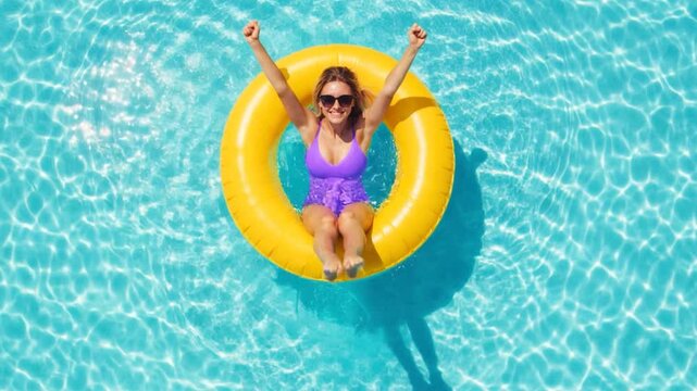 Woman wear a bikini relaxing in pool tube float donut inflatable ring. Summer vacation concept. 