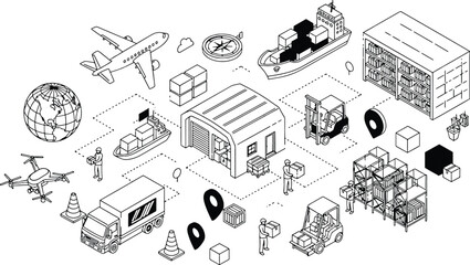 A comprehensive logistics and supply chain network, including air freight, cargo ships, delivery trucks warehouses and drones in a hand drawn vector illustration doodle art © Kanon Islam