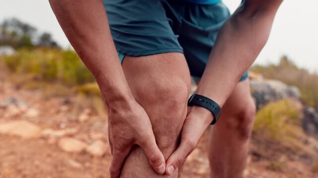 Hands, leg strain and knee pain with massage for training, workout or exercise accident. Sports, fitness and athlete man or runner with fibromyalgia, inflammation or arthritis for jog on mountain