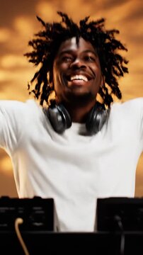 Energetic DJ Performing with Passion: A Celebration of Music, Dance, and Joy Captured in Motion with Enthusiasm and Vibrant Expressions in an Artistic Atmosphere