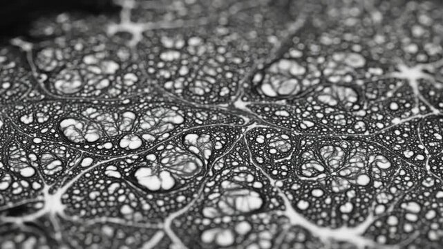 Abstract macro shot of ink mixing, forming complex organic structures, and creating a natural pattern in black and white