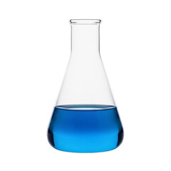 A laboratory flask filled with blue liquid on transparent background