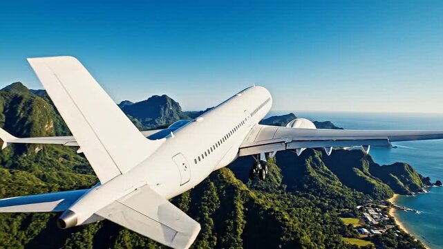Large passenger aircraft taking off on runway against mountain landscape