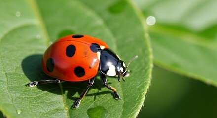 Obraz premium Bright red ladybug with black spots rests on a green leaf.