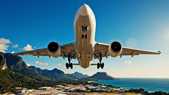 Airplane taking off from runway against mountainous backdrop