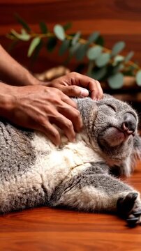 A Gentle Touch: Enjoying the Delightful Moments of Calmness with a Content Koala Being Pampered and Petted, Embracing Nature's Cuddle Buddy in a Cozy Setting