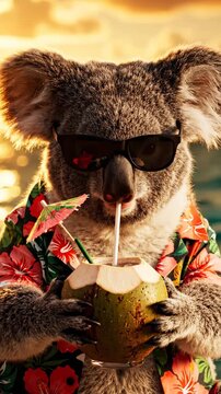 A Stylish Koala Enjoying a Tropical Drink While Relaxing in a Vibrant Floral Shirt Against a Beautiful Sunset Background