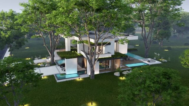 4K video rendering of two-story house with parking and pool for sale or rent with concrete facade and beautiful landscaping Clear summer evening with cozy light from window