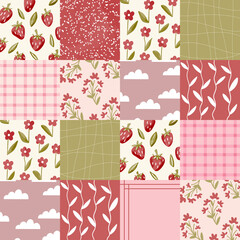 Cotton fabric Hand drawn cottagecore strawberry patchwork seamless pattern with watercolor flowers clouds and gingham in dusty rose and sage green colors for nursery textiles and scrapbooking