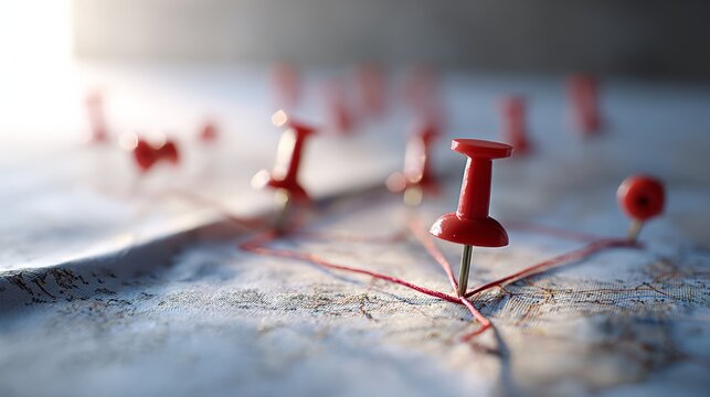 Red pushpins and string pinning important locations on a map, conceptualizing travel planning, route organization, global navigation, and strategic journey connections