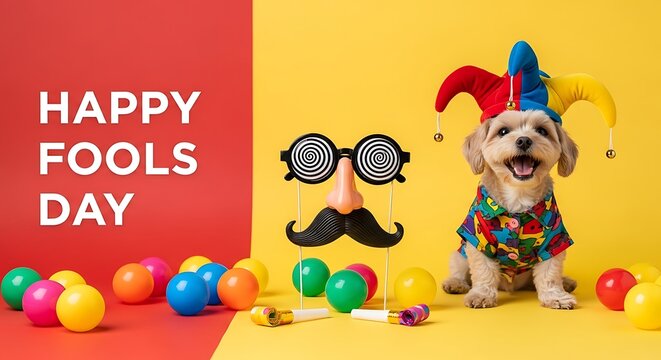 A playful dog celebrates fools day with festive accessories and colorful surroundings