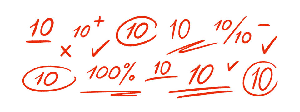 Red pen mark, vector grade 10 symbol on school exam sheet, test score result with plus sign, education paper check icon. Hand drawn pencil texture collection