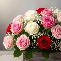 Obraz premium Diverse roses arranged in a wooden container with soft background.
