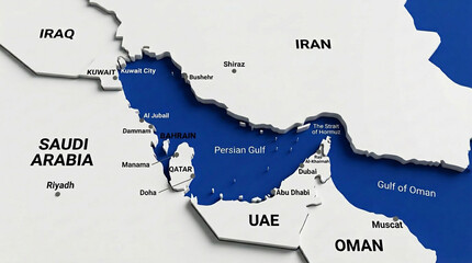 Naklejka na ściany i meble Detailed Persian Gulf and Strait of Hormuz Geopolitical 3d Map in White Background