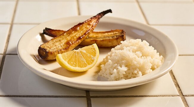 Plate with baked salsify roots, lemon and rice on white tiled table