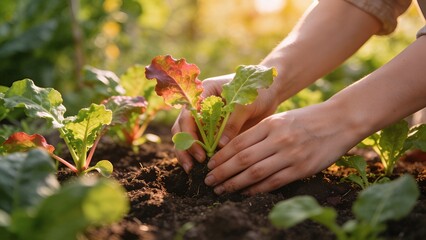 Fototapeta premium Hands planting young vegetable seedling in garden soil