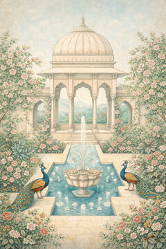Traditional Kangra Miniature Style Royal Garden Illustration for Luxury Wedding Invitations