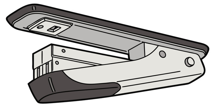 Metal stapler with one staple and open office supplies desk accessory