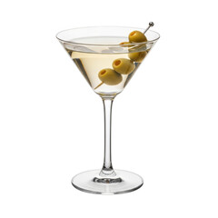 A martini glass filled with a clear cocktail and garnished with green olives on a transparent background