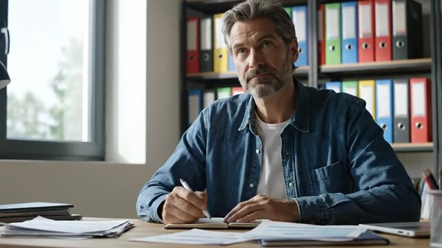Man writing at desk with office.