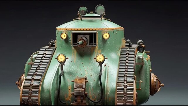 Close-up of a vintage green military tank model with rusty details and tracks on a dark gradient background.