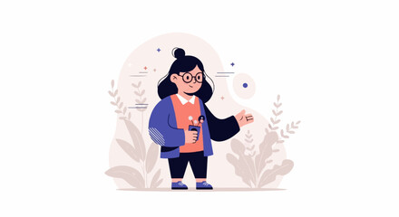 Obraz premium Cheerful person with bun, glasses, and stylish clothes, holding a potted plant