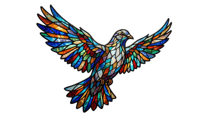 Obraz premium Vibrant stained glass dove with wings spread wide in flight isolated on transparent background. Religious graphic element for Palm Sunday worship services and Christian faith holiday designs.