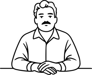 Obraz premium Hand Drawn Man Sitting at Desk Black and White Avatar Illustration in Minimal Line Art Style Design