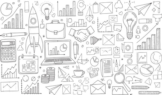 Business marketing strategy data analysis creative startup ideas and financial growth elements in a black and white hand drawn vector illustration doodle art