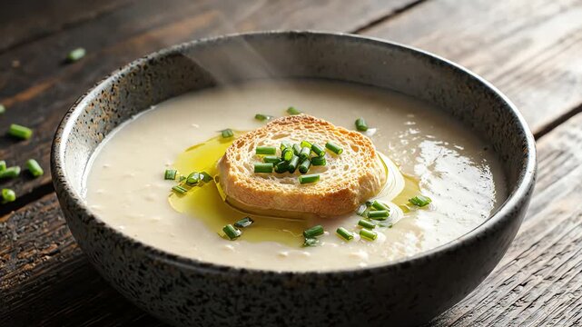 Creamy soup in dark bowl with crouton and chives on rustic wooden surface