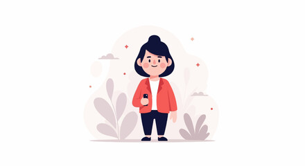 Obraz premium Flat illustration of a young woman holding a phone, with abstract shapes and plants