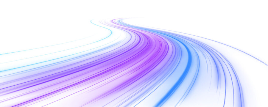 Bright purple and blue light streaks cut through a dark abstract background with glowing energy arcs. Motion blur creates a futuristic sense of acceleration. PNG for digital technology themes.
